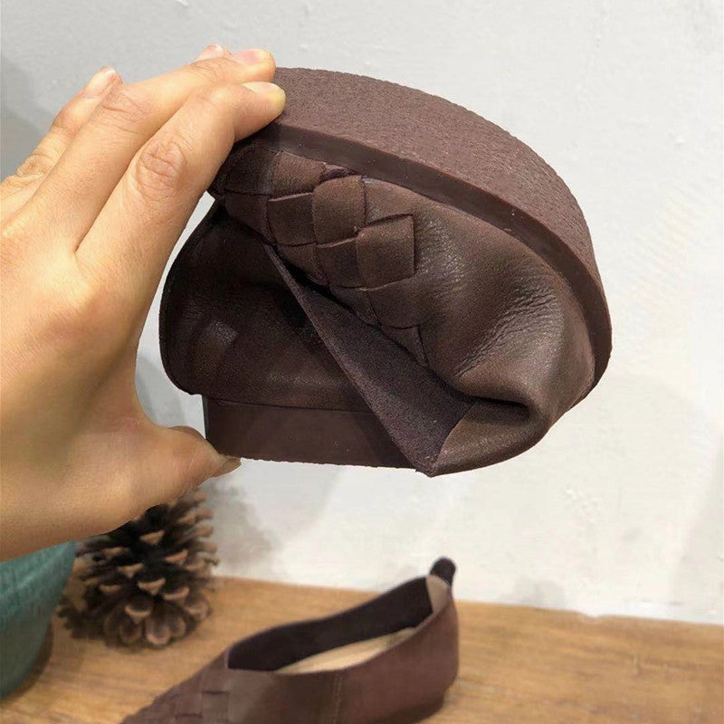 No Socks Loafers Genuine Leather Retro Round Toe Flat Soft Cowhide Woven Women's Shoes