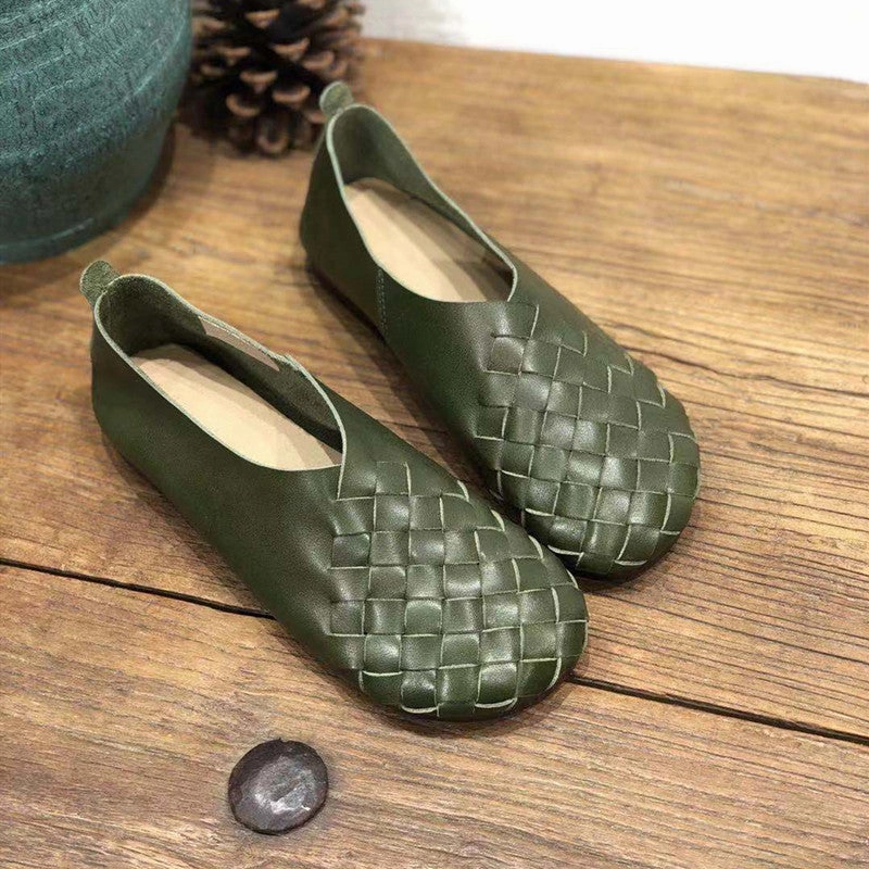 Genuine Leather Retro Round Toe Flat Soft Cowhide Woven Women's Shoes Loafers Seafood Grill Menu