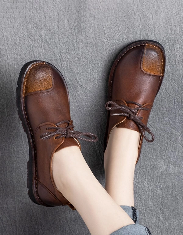 Genuine Leather Round Toe Handmade Retro Flat Shoes D'orsay Flat Shoes