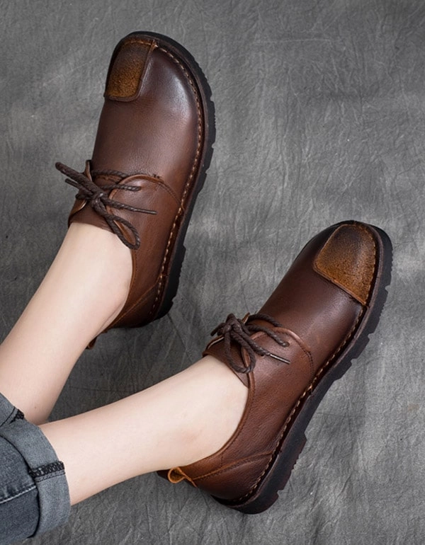 Genuine Leather Round Toe Handmade Retro Flat Shoes Adding Heels To Flat Shoes