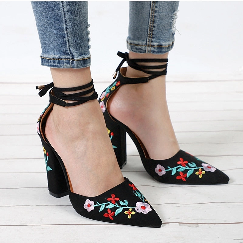 Women High Heels Plus Size Embroidery Pumps Flower Ankle Strap Shoes Best Lug Sole Loafers