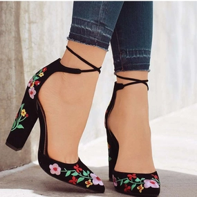 Loafers With High Heel Women High Heels Plus Size Embroidery Pumps Flower Ankle Strap Shoes