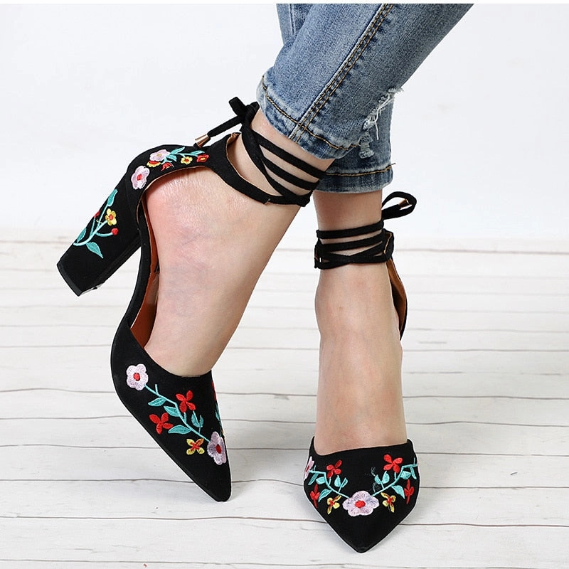 Rothy's Loafers Women High Heels Plus Size Embroidery Pumps Flower Ankle Strap Shoes
