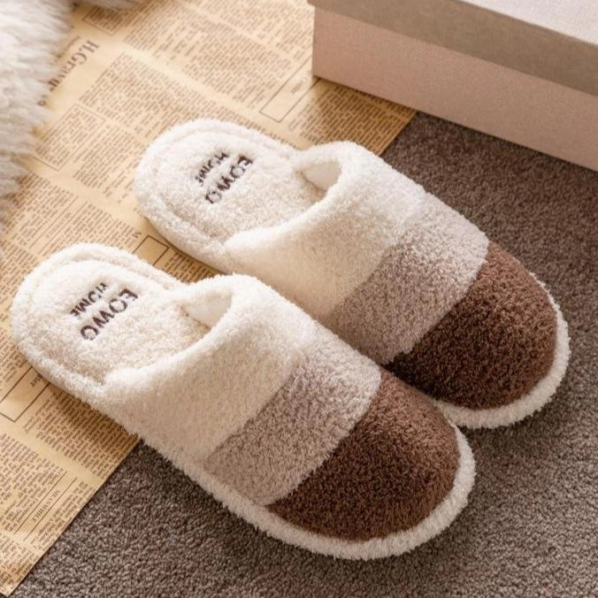 Unisex couple winter slippers color stripe furry warm house shoes with arch support Aldi Slippers