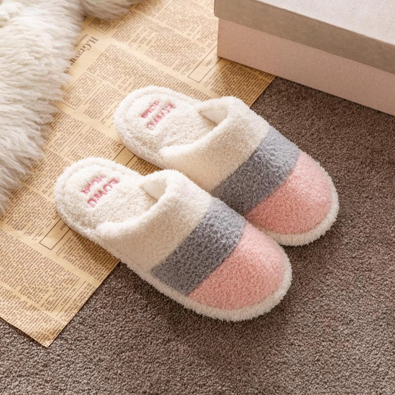 Low Heel Slippers Unisex couple winter slippers color stripe furry warm house shoes with arch support