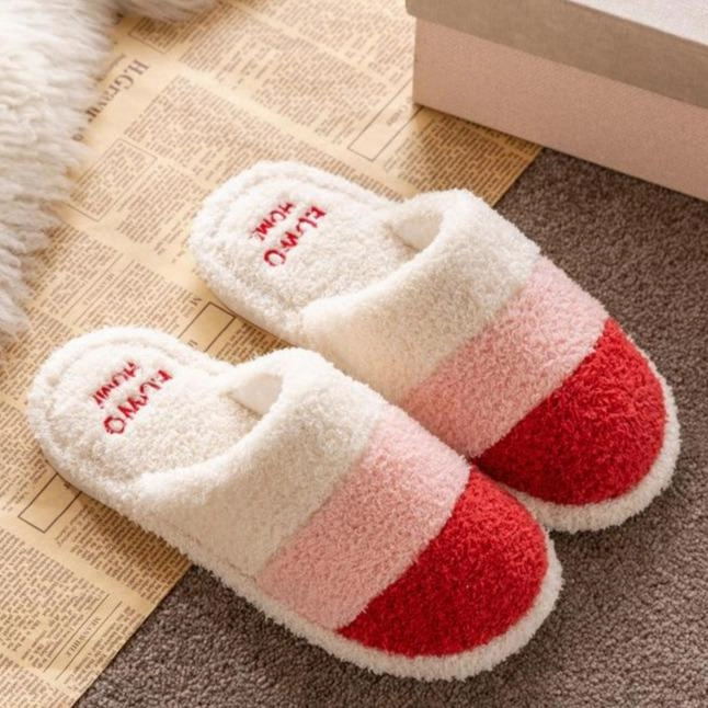 Michigan Slippers Unisex couple winter slippers color stripe furry warm house shoes with arch support