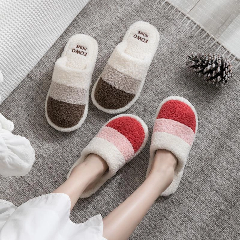 Slides Look Alike Unisex couple winter slippers color stripe furry warm house shoes with arch support