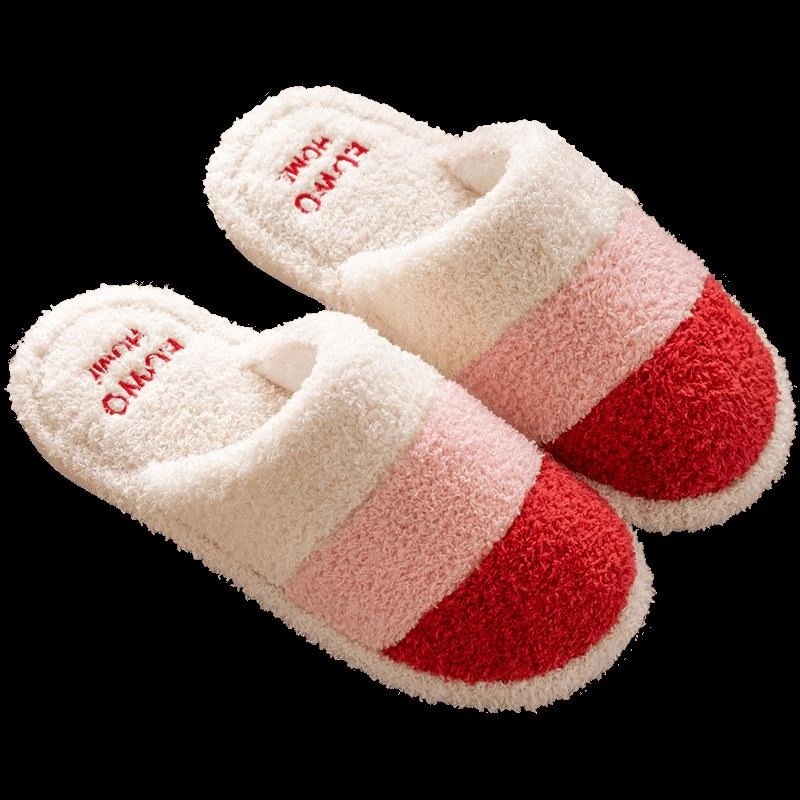 Unisex couple winter slippers color stripe furry warm house shoes with arch support Mellow Slide