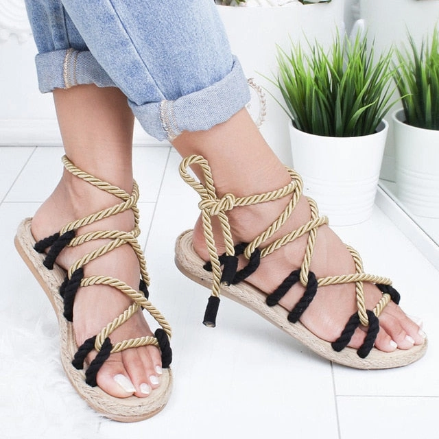 Women Sandals 2019 Fashion Summer Shoes Woman Flat Sandals Hemp Rope Lace Up Gladiator Sandals Non-slip Beach Chaussures Femme Flip Flops Offers
