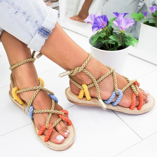 Women Sandals 2019 Fashion Summer Shoes Woman Flat Sandals Hemp Rope Lace Up Gladiator Sandals Non-slip Beach Chaussures Femme Flip Flops Men