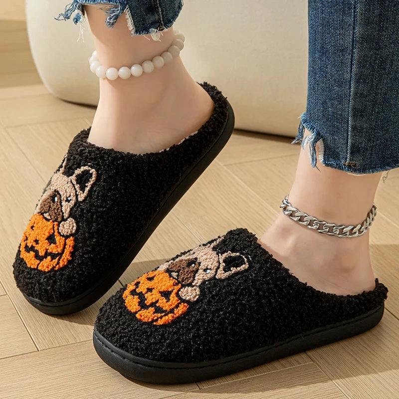 Halloween Dog Embroidery Cotton Home Slippers Women 2024 Winter Fluffy Furry House Slippers Woman Comfort Flat Heels Floor Shoes Camo Slippers