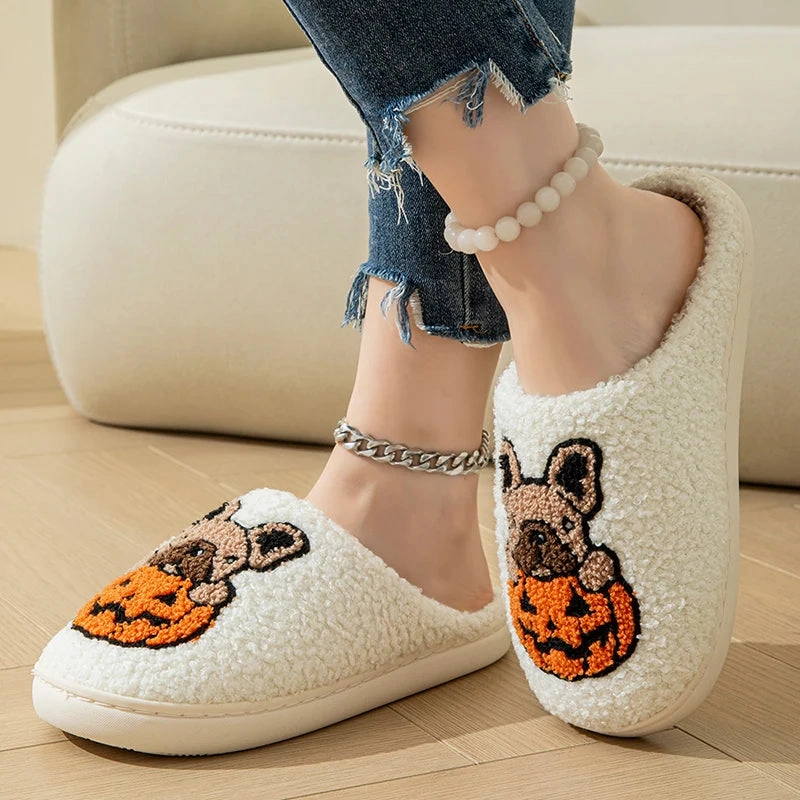 Leopard Slide Sandals Halloween Dog Embroidery Cotton Home Slippers Women 2024 Winter Fluffy Furry House Slippers Woman Comfort Flat Heels Floor Shoes