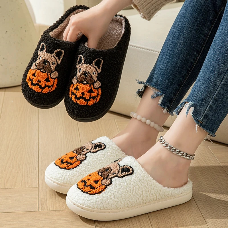 Babouche Slippers Morocco Halloween Dog Embroidery Cotton Home Slippers Women 2024 Winter Fluffy Furry House Slippers Woman Comfort Flat Heels Floor Shoes