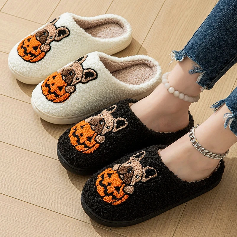 Halloween Dog Embroidery Cotton Home Slippers Women 2024 Winter Fluffy Furry House Slippers Woman Comfort Flat Heels Floor Shoes Peanut Slippers
