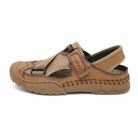 Exercise Sandals Handmade Leather Sandals Shoes Men Casual Sandalias Men Summer Shoes Soft Mesh Comfort Beach Sandals Hollow Non-Slip Men Shoes