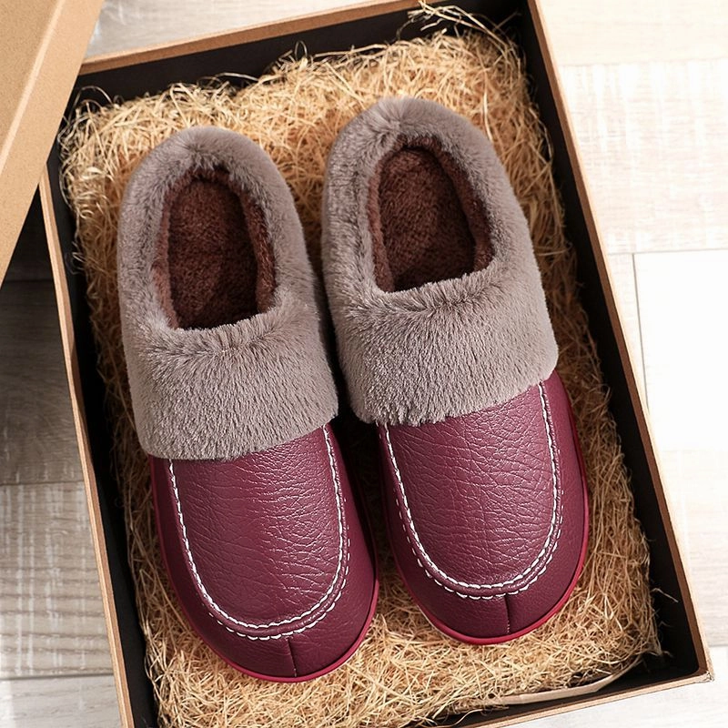 Groovywish Men PU Winter Slippers Fur Indoor Shoes Slides Shoes Cheap