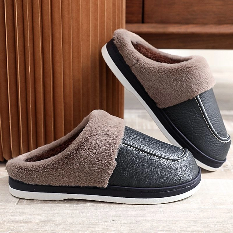 Groovywish Men PU Winter Slippers Fur Indoor Shoes Cozies Slippers