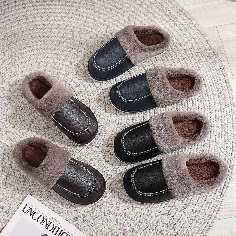 Slippers With Detachable Soles Groovywish Men PU Winter Slippers Fur Indoor Shoes