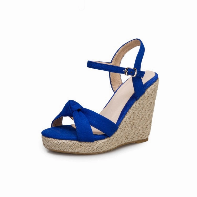 Sandals With Covered Toes Women's Suede Knot Ankle Strap Woven Wedge Heel Platform Sandals