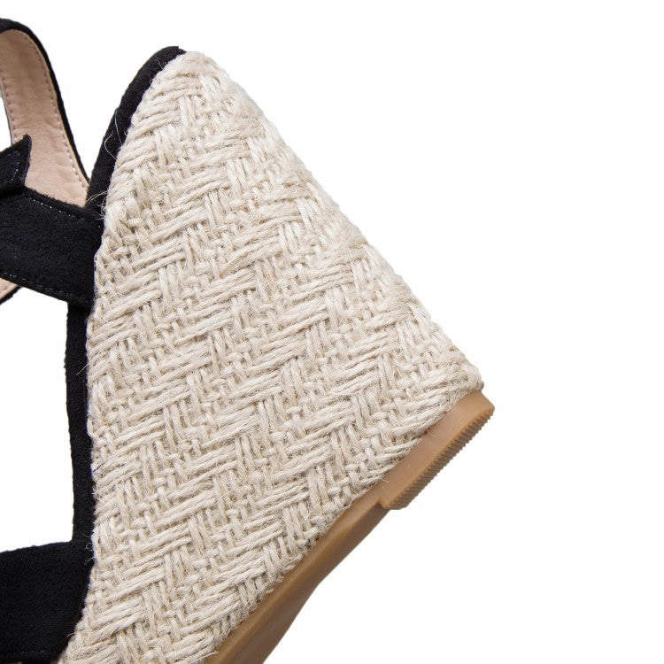 Women's Suede Knot Ankle Strap Woven Wedge Heel Platform Sandals Outdoor Sandals