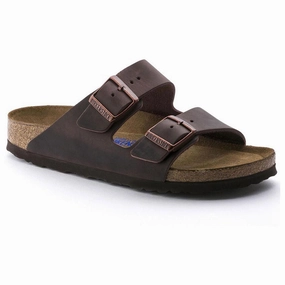 'Birkenstock' Men's Arizona Oiled Leather Soft Bed Sandal - Habana Silver Flat Sandals