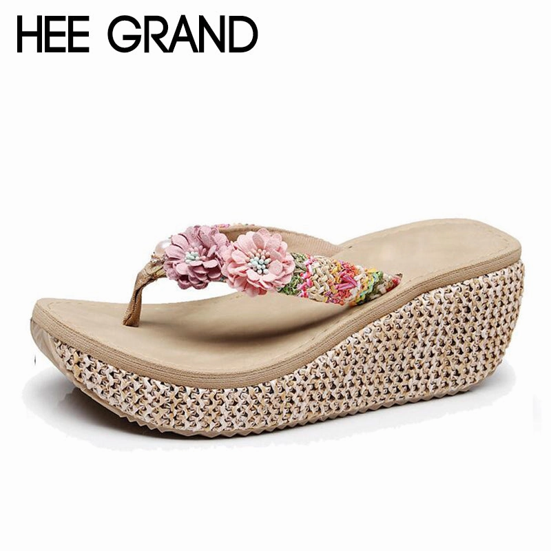 HEE GRAND 2018 New arrive Women's Slides with Flowers Girls Outdoor Slippers Women Slip-on Causal Shoes for Beach & Sun XWT1102 Laura Ashley Flip Flops