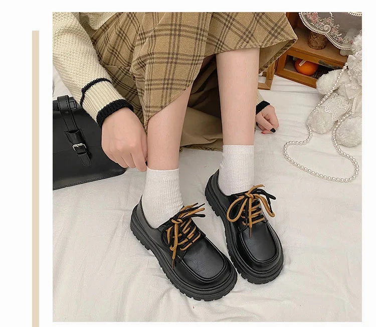 Chunky Lace Up Loafers binfenxie Hot Classic beige Platform Oxford Shoes Women Loafers Summer Autumn Casual Lace Up Flats Ladies Punk Gothic Leather Chunky Shoes