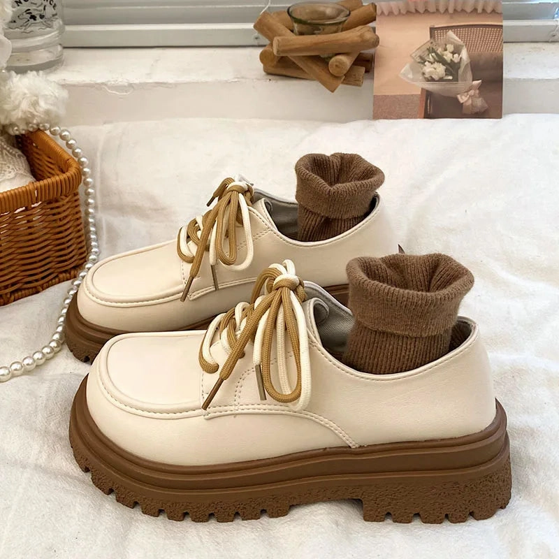 binfenxie Hot Classic beige Platform Oxford Shoes Women Loafers Summer Autumn Casual Lace Up Flats Ladies Punk Gothic Leather Chunky Shoes Slip On Canvas Loafers