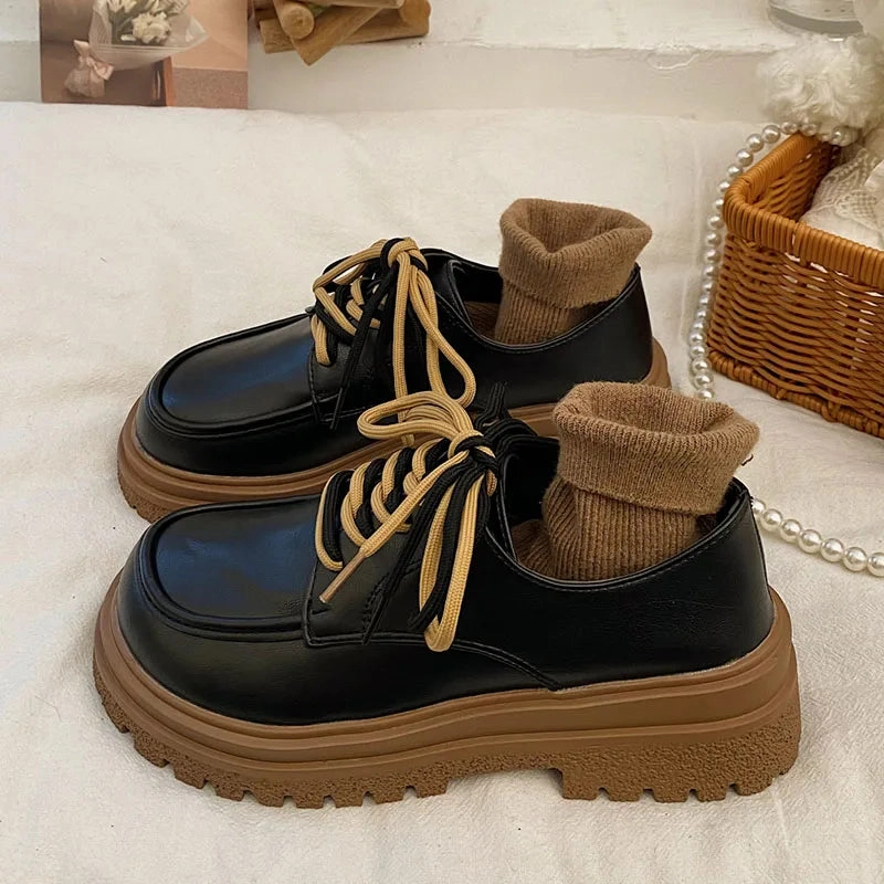 binfenxie Hot Classic beige Platform Oxford Shoes Women Loafers Summer Autumn Casual Lace Up Flats Ladies Punk Gothic Leather Chunky Shoes Camel Loafers