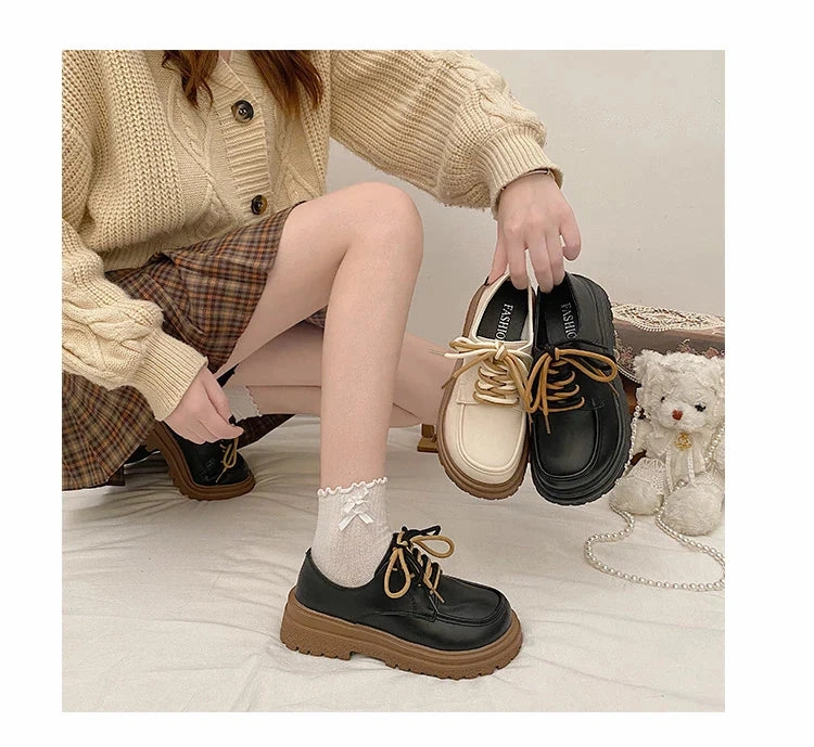 binfenxie Hot Classic beige Platform Oxford Shoes Women Loafers Summer Autumn Casual Lace Up Flats Ladies Punk Gothic Leather Chunky Shoes Bass Loafers Sale