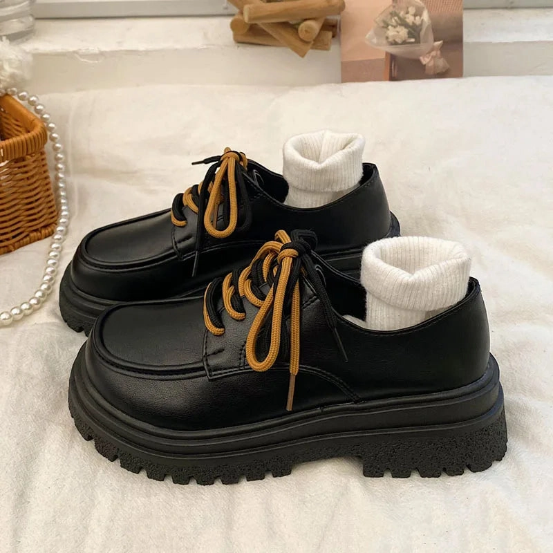 Lug Bit Loafers binfenxie Hot Classic beige Platform Oxford Shoes Women Loafers Summer Autumn Casual Lace Up Flats Ladies Punk Gothic Leather Chunky Shoes