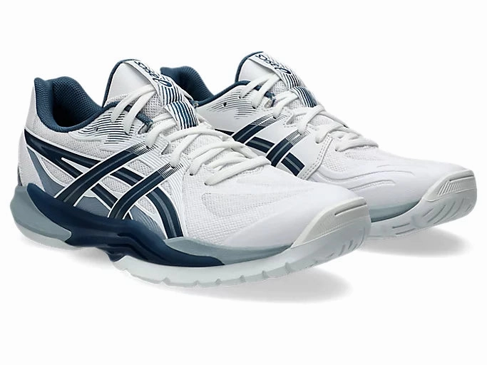 Asics Gel Kayano 18 Running Shoes Asics Men's POWERBREAK FF Netball Shoes in White/Vintage Indigo
