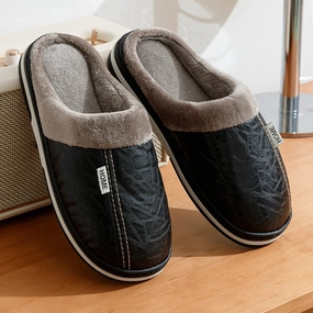 PU Leather Big Sizes Men slippers Indoor Waterproof Fur Flat Men's Winter Home Slipper Cotton Bedroom Houseshoes Happy Days Slippers