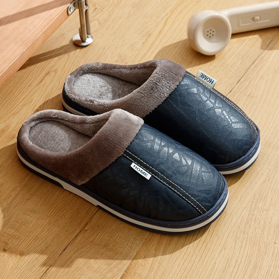 Great Slippers For Mom PU Leather Big Sizes Men slippers Indoor Waterproof Fur Flat Men's Winter Home Slipper Cotton Bedroom Houseshoes