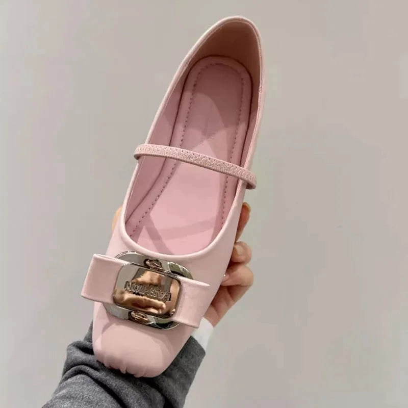 DAIIIBABYYY  -  2024 Spring Pink New Brand Women Flat Shoes Fashion Gold Buckle Ladies Ballerinas Shoes Soft Flat Heel Dress Mary Jane Shoe Printed Flat Shoes