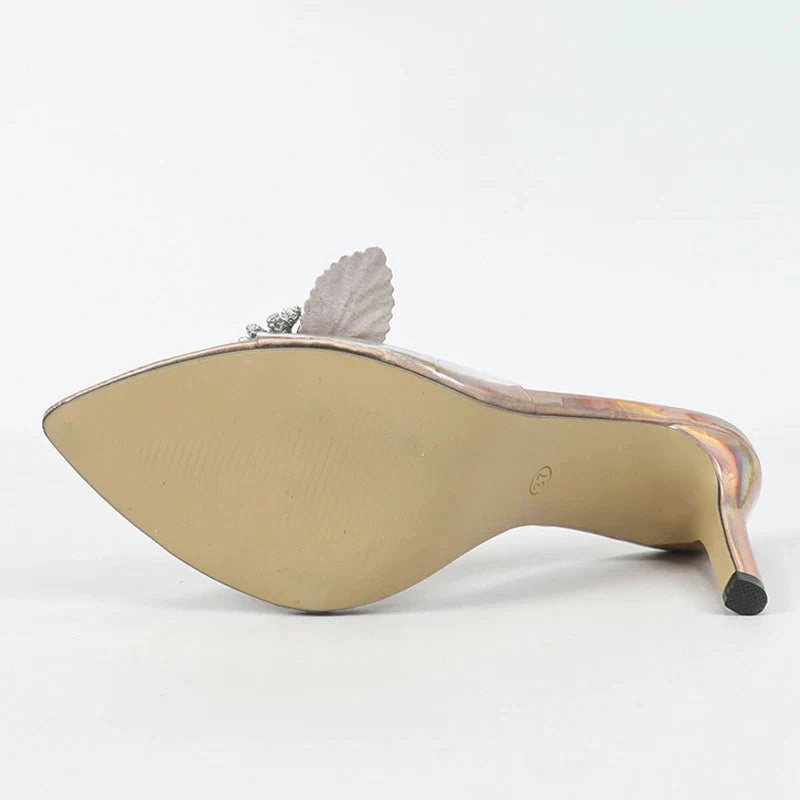 binfenxie  -  Sexy Pointed Open Toe Thin High Heels Slippers Women Mixed Colors Flowers PVC Transparent Sandals Summer Party Dress Shoes Mypillow Slippers