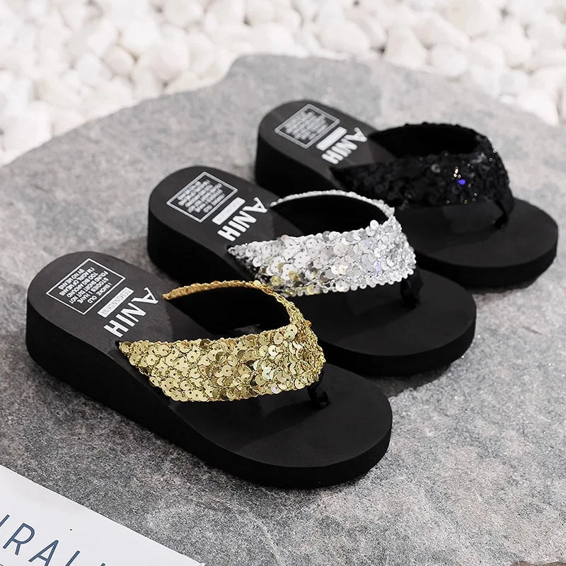 Women Summer Sandals Sequins Beach Female Flip Flops Ladies Slippers High Heels Shoes For Women 2024 Platform Wedges Slippers Gumbies Slippers