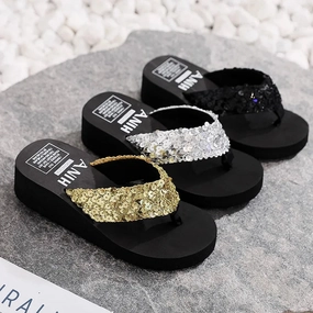 Tik Tok Slippers Women Summer Sandals Sequins Beach Female Flip Flops Ladies Slippers High Heels Shoes For Women 2024 Platform Wedges Slippers