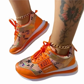 Women's Running Platform Sneakers - Thick Bottom, Casual Vulcanized Shoes, Orange, Sizes up to 43 Shiny Sneakers
