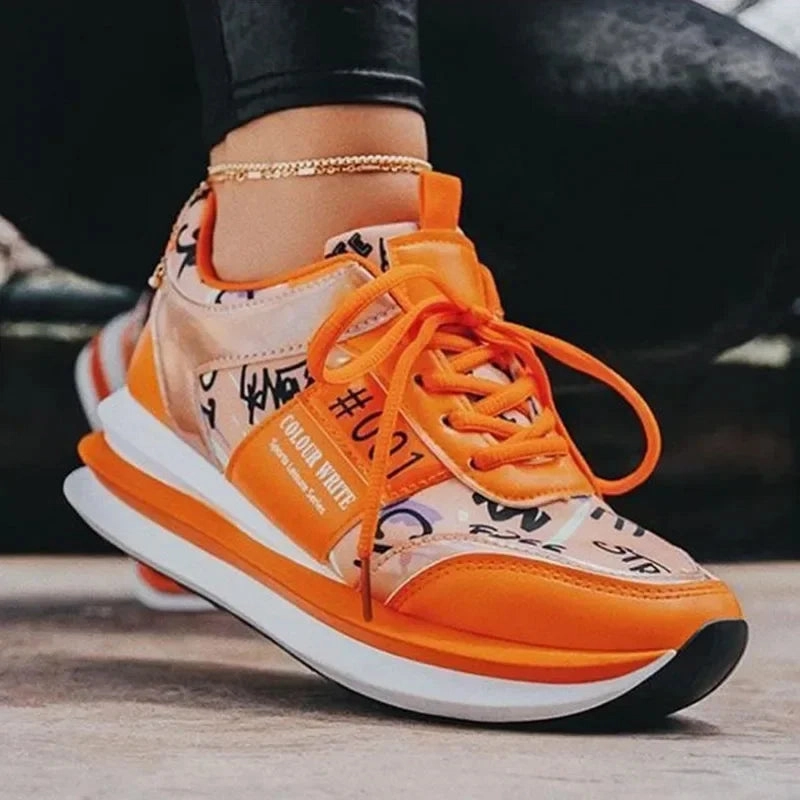 Women's Running Platform Sneakers - Thick Bottom, Casual Vulcanized Shoes, Orange, Sizes up to 43 Platform High Top Sneakers