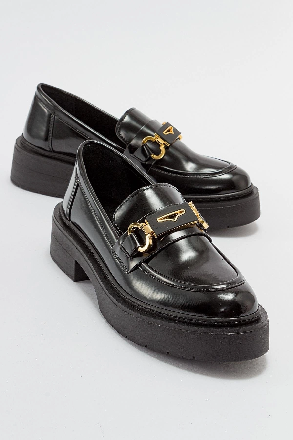 Simone Vegan Leather Bit Platform Loafers | Black Patent Adelante Loafers