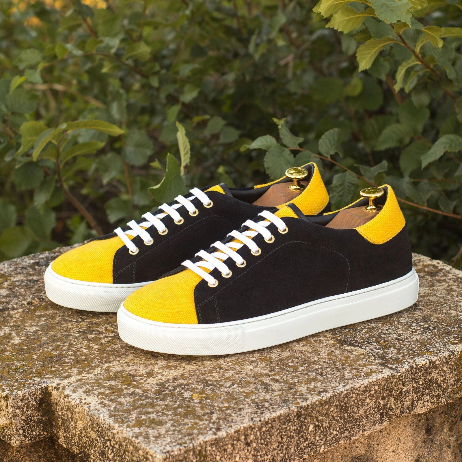 Men's Leather Trainers Wide Plus Size Yellow Black 4264 Pretty Casual Shoes