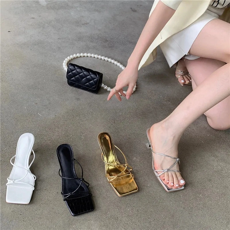 French Flip Flops binfenxie 2024 New Summer Gold Slipper Low Heel Slides Female Peep Toe Square Heel Sandal Vacation Women Flip Flops Mujer Shoes
