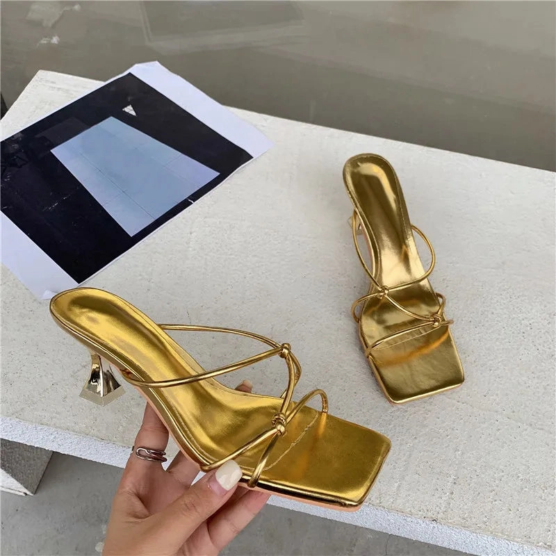 binfenxie 2024 New Summer Gold Slipper Low Heel Slides Female Peep Toe Square Heel Sandal Vacation Women Flip Flops Mujer Shoes Nidengbao Flip Flops