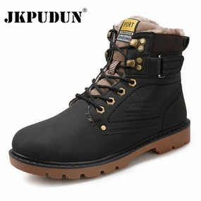 JKPUDUN Warm Winter Ankle Boots Men Casual Shoes Lace-Up Autumn Leather Waterproof Work Tooling Mens Boots Military Army Botas Vagabond Shoes Flats