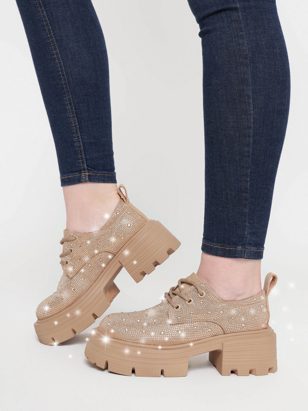 Khaki Diamante Embellished Lace-Up Sneakers (TC-RS3640-KHA) Casual Pointed Shoes