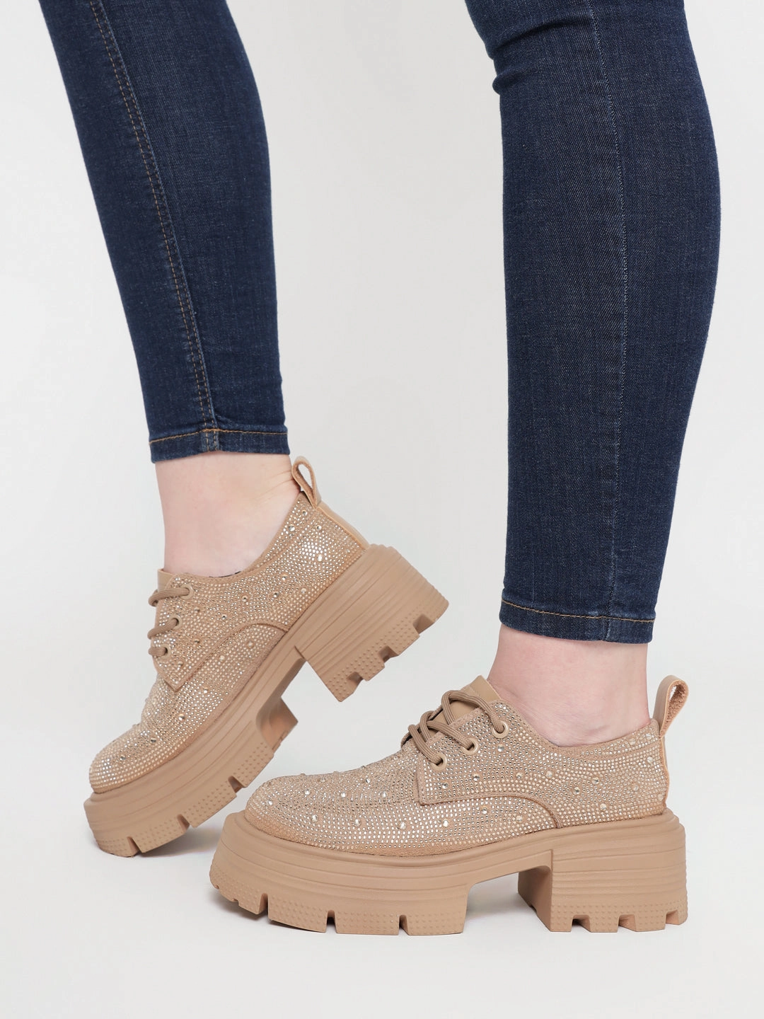 Khaki Diamante Embellished Lace-Up Sneakers (TC-RS3640-KHA) Air Force 1 Rebel Xx Casual Shoes
