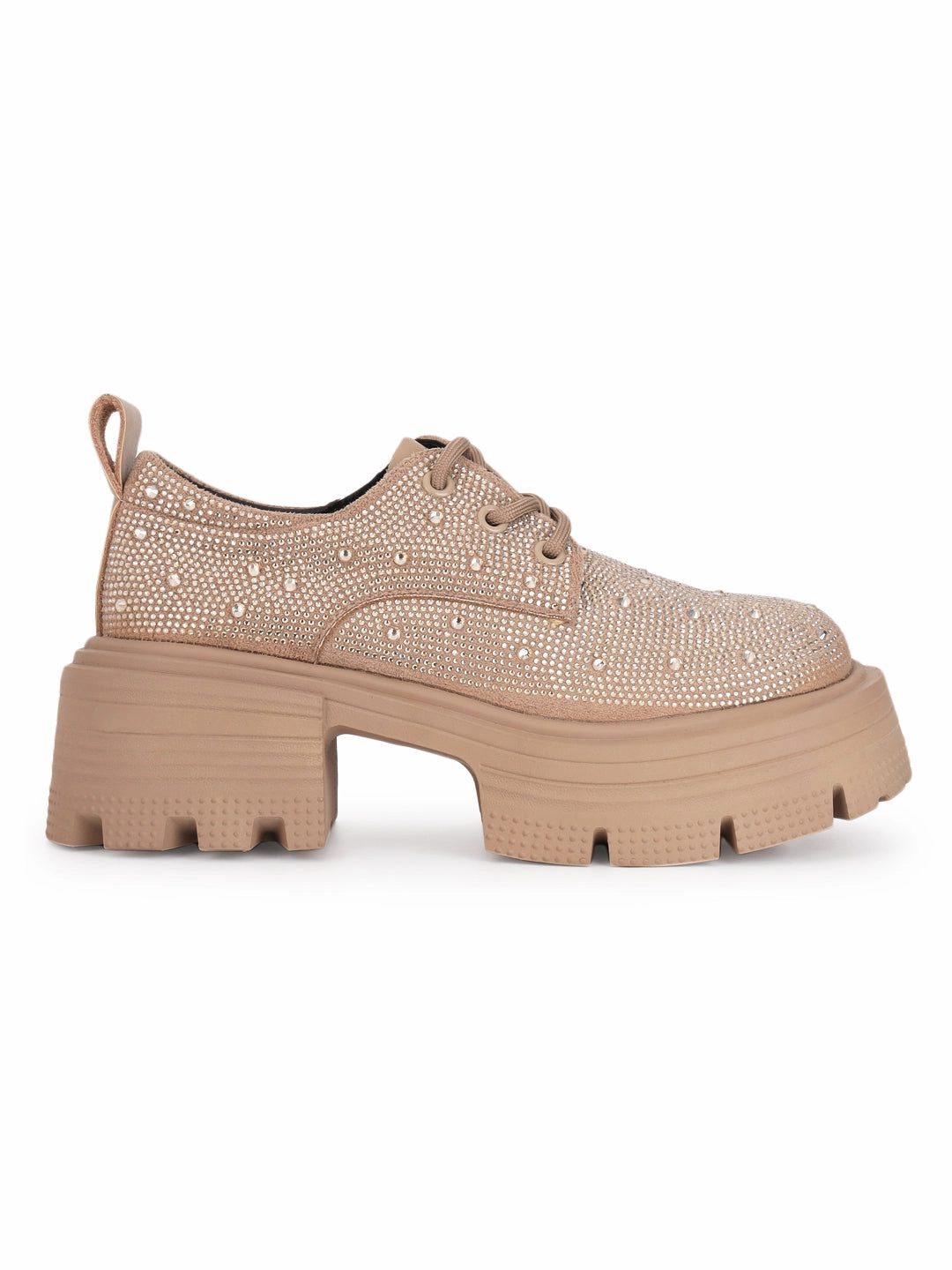 Khaki Diamante Embellished Lace-Up Sneakers (TC-RS3640-KHA) Permanent Style Casual Shoes