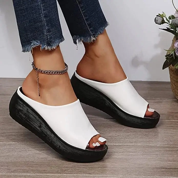 Ladies Leather Sole Slippers Platform Slide Sandals