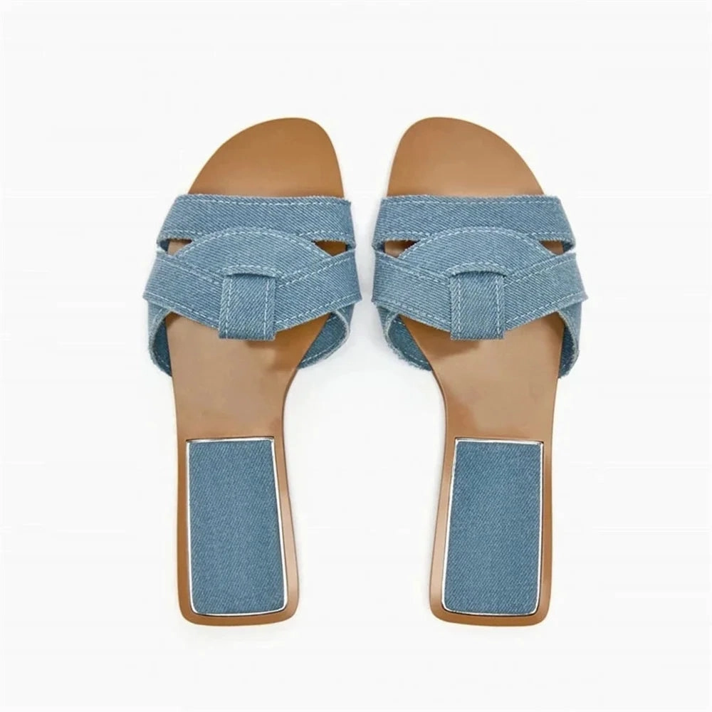 binfenxie  -  Fashion Women Flat Sandals 2024 Summer Beach Style Blue Denim Shoes Casual Round Toes Flip Flops Woman Comfortable Slippers Crochet Ballet Slippers